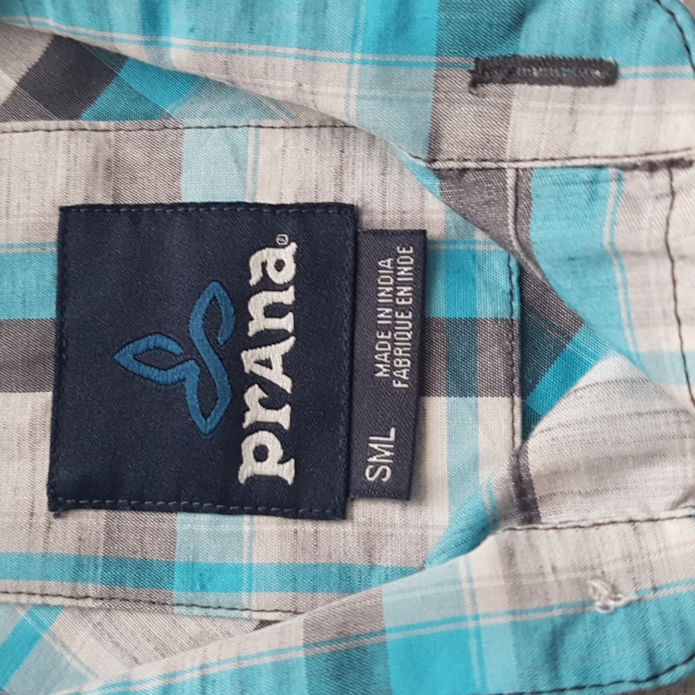 Men's Prana Short Sleeve Blue Plaid Organic Cotton Blend Button Down Size S - Picture 2 of 13